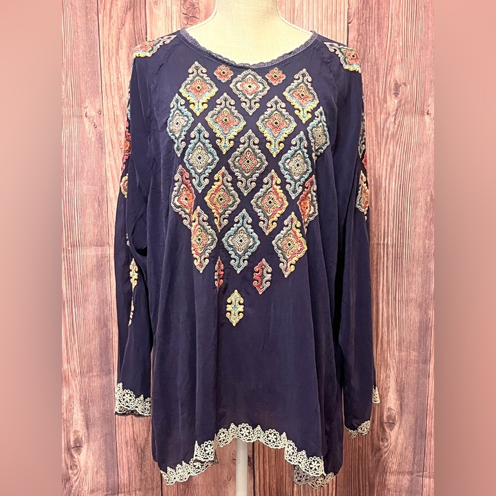 Johnny Was Navy Tunic with Colorful Embroidery